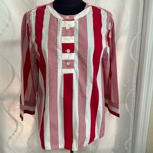J Crew Red & White Striped, Collarless, Long Sleeve Top, Size Medium.